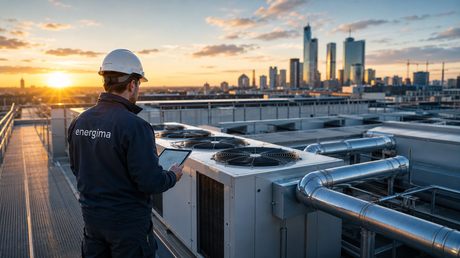 HVAC-Anlage auf einem Gewerbedach bei Sonnenuntergang, Servicetechniker im Hintergrund